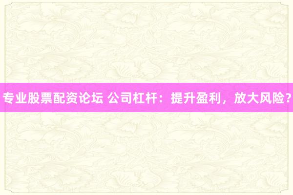专业股票配资论坛 公司杠杆:提升盈利,放大风险?